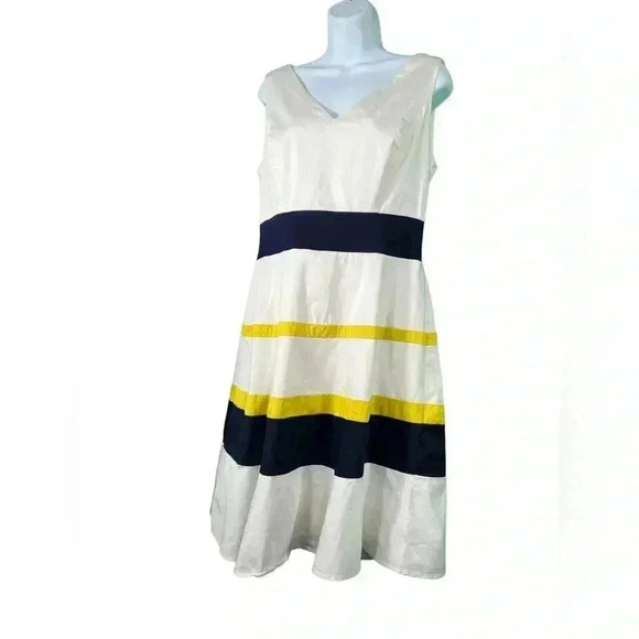 ANNE KLIEN White Colorblock Womens Sleeveless Dress size 10 Navy Blue Gold - Picture 3 of 7